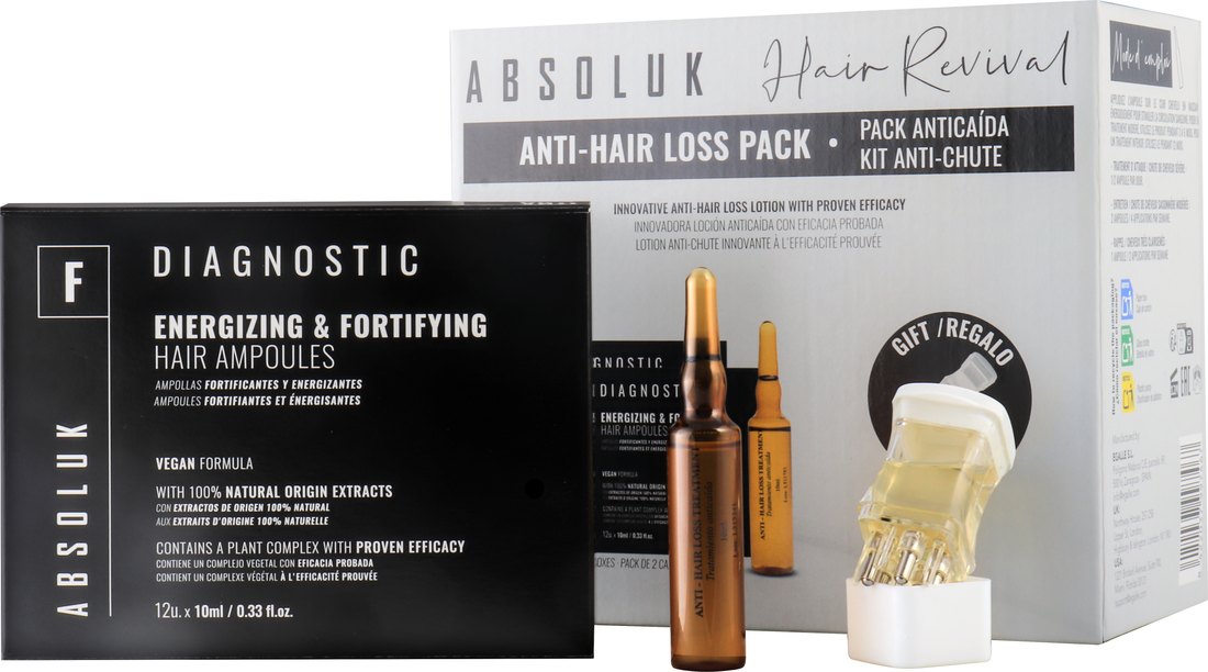 Absoluk Hair Revival Anti-Hair Loss Pack, dvě krabičky ampulí Diagnostic, ampule a aplikátor