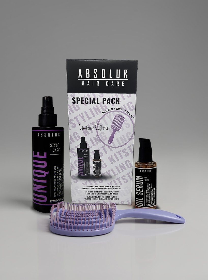 Absoluk Special Pack, bezoplachová péče Unique All In One, Oil Serum a fialový rozčesávací kartáč