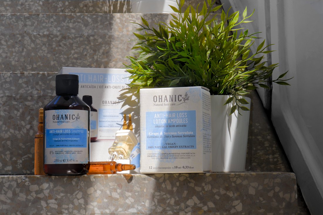 Ohanic Anti Hair-Loss Pack: šampon, krabička ampulí, ampule a aplikátor