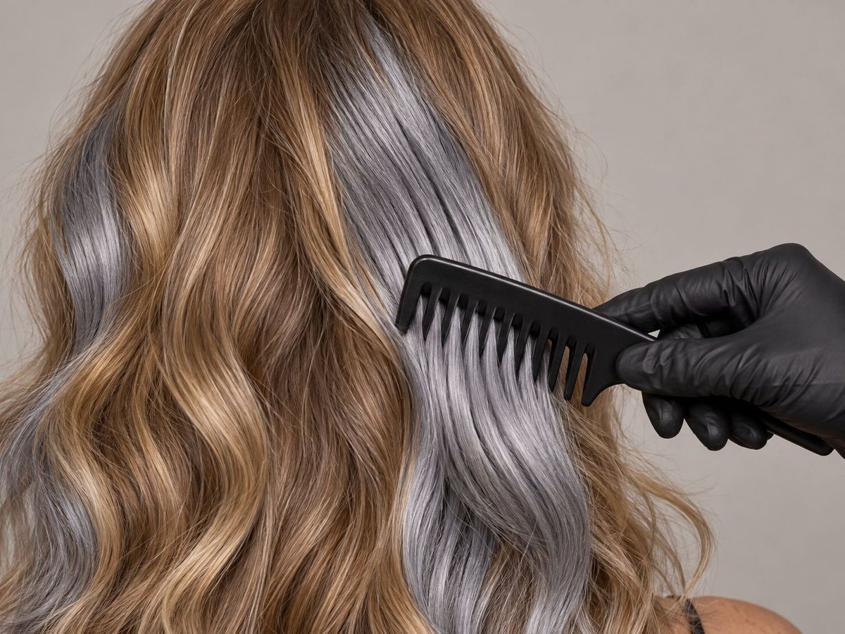 Stříbrně šedé prameny Gray Galaxy ve vlnitých tmavě blond vlasech