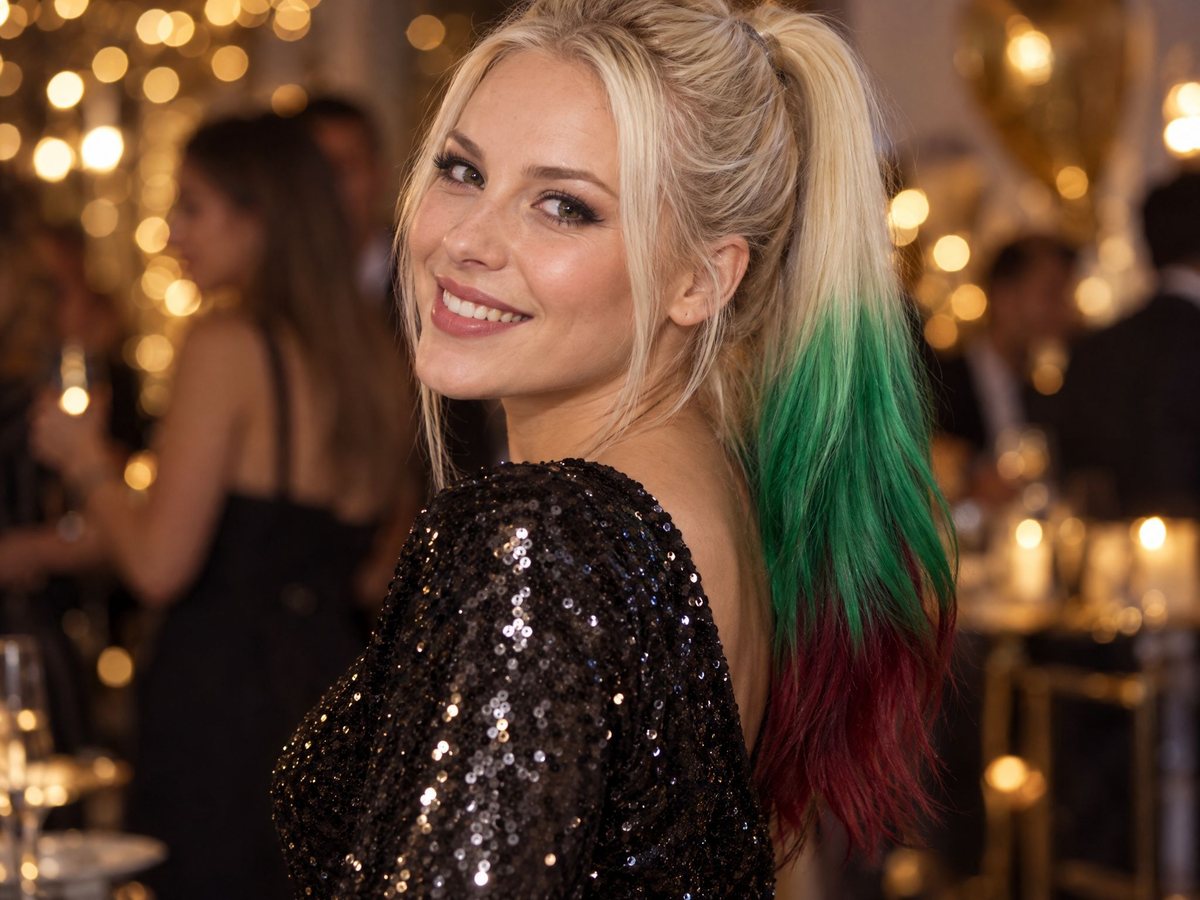 Platinově blond culík se zelenými a vínovými konečky z barevného vosku