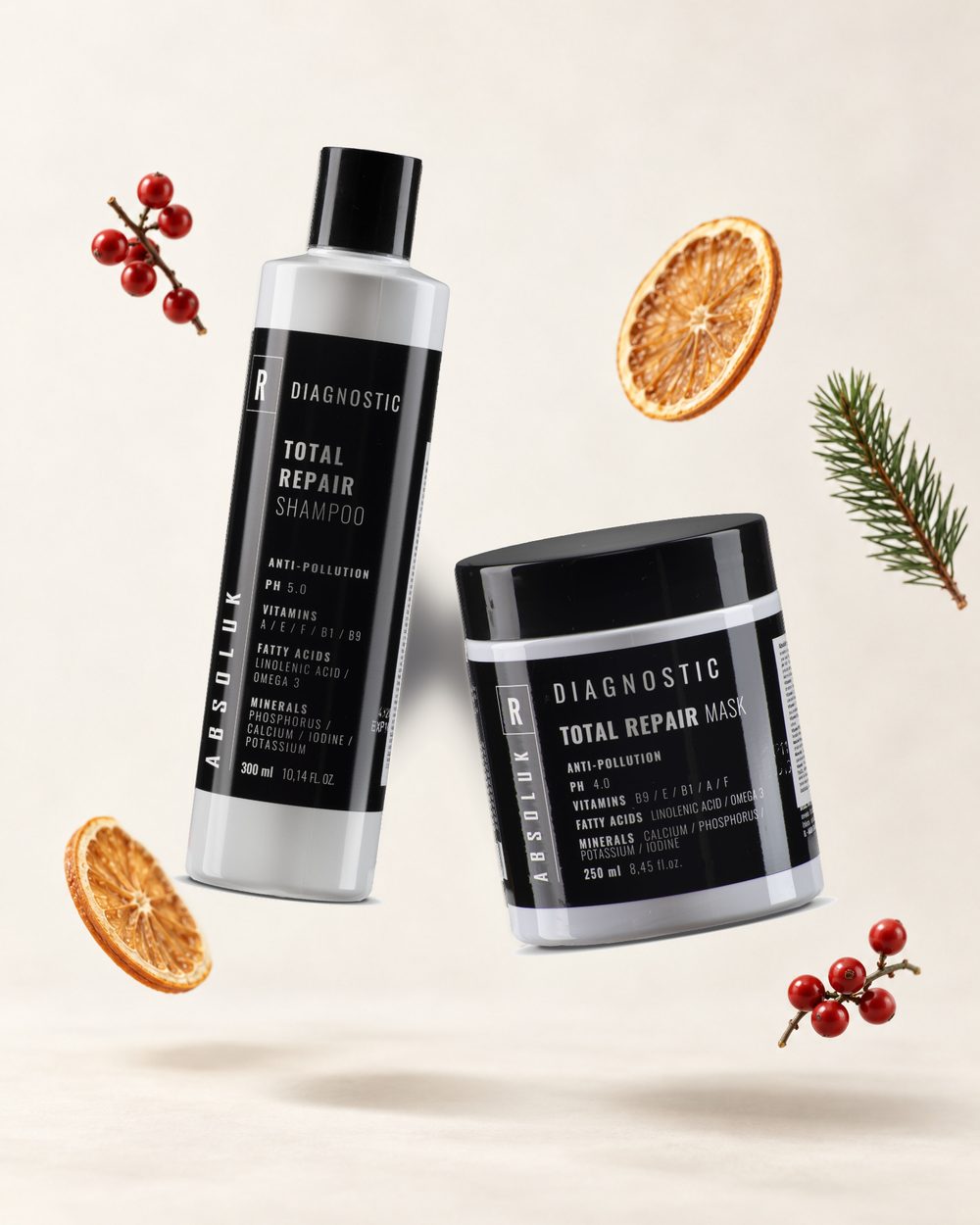 Absoluk Diagnostic Total Repair šampon a maska ve vánoční scéně