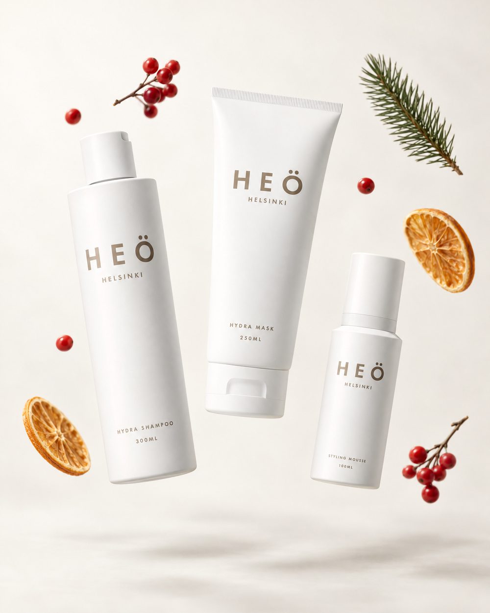 HEÖ Helsinki Hydra šampon, maska a Styling Mousse mini ve vánoční scéně