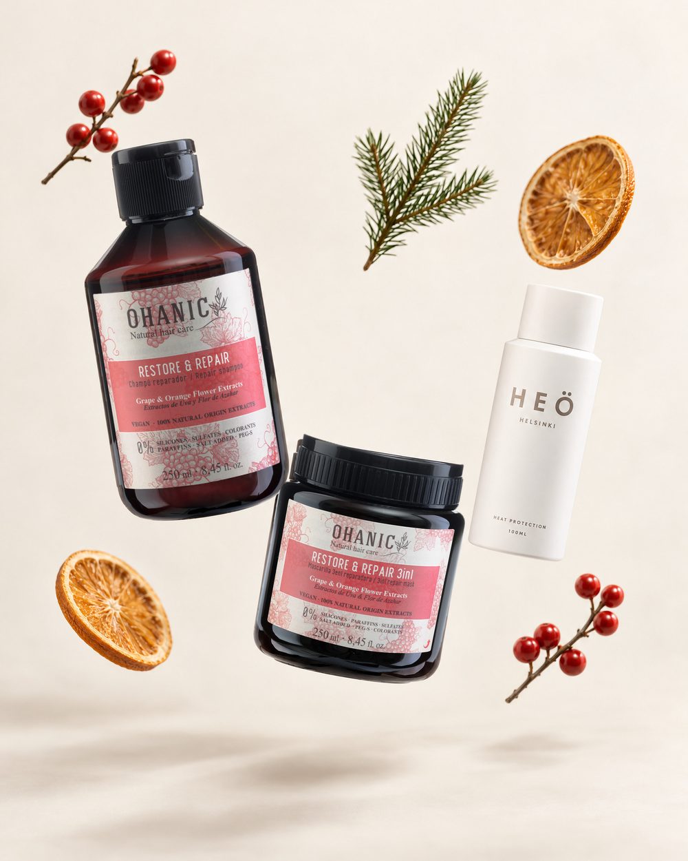 Ohanic Restore & Repair šampon a maska 3v1 s HEÖ mini ve vánoční scéně
