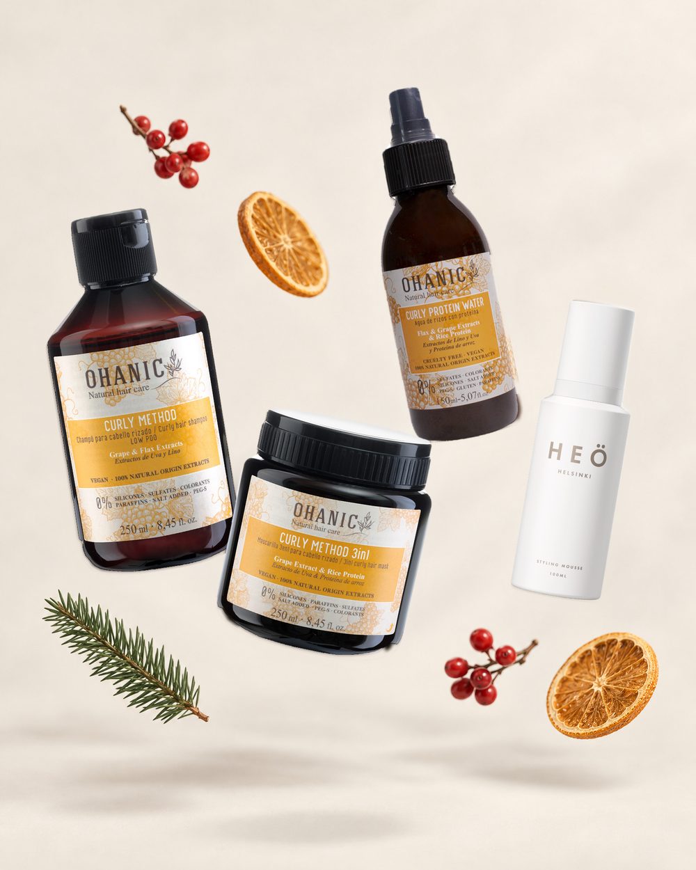 Ohanic Curly Method šampon, maska a proteinová voda s HEÖ mini ve vánoční scéně