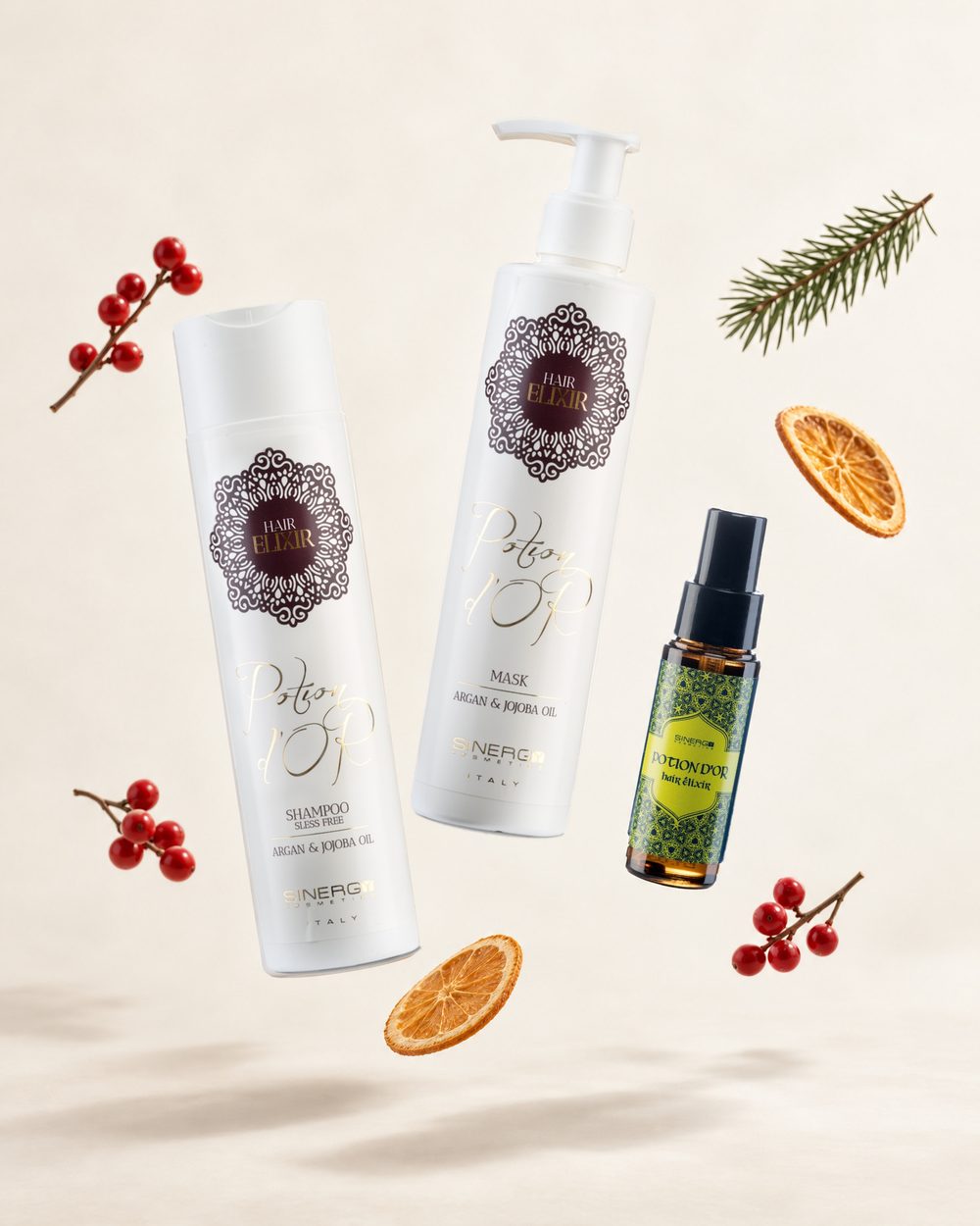 Sinergy Potion d'Or šampon, maska a elixír ve vánoční scéně