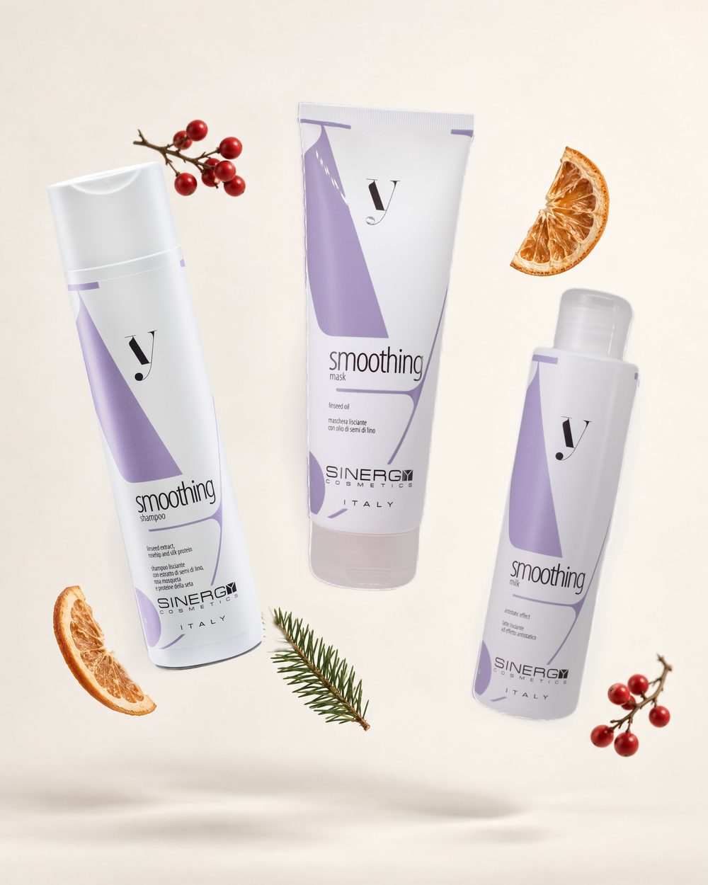 Sinergy Y2 Smoothing šampon, maska a uhlazující mléko ve vánoční scéně