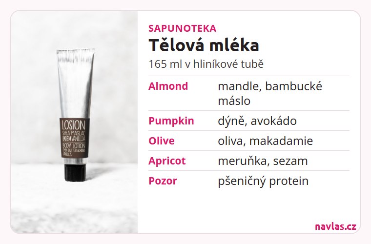 Tělová mléka Sapunoteka v kostce: 165 ml v hliníkové tubě, Almond, Pumpkin, Olive a Apricot