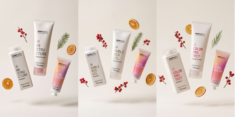 Vánoční balíčky Framesi Morphosis Restructure, Sublimis Oil a Color Protect se šamponem, kondicionérem a krémem na ruce
