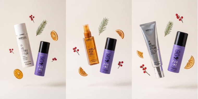 Vánoční balíčky Framesi s maskou Hair Beauty Elixir, olejem Sublimis Oil Pure a Molecular Boosterem, každý s lakem 406